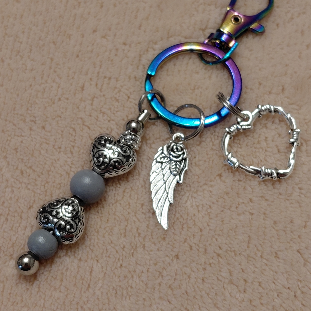 Over The Rainbow Barbed Heart and Angel Wing Bag Charm Keychain - Picture 2 of 5